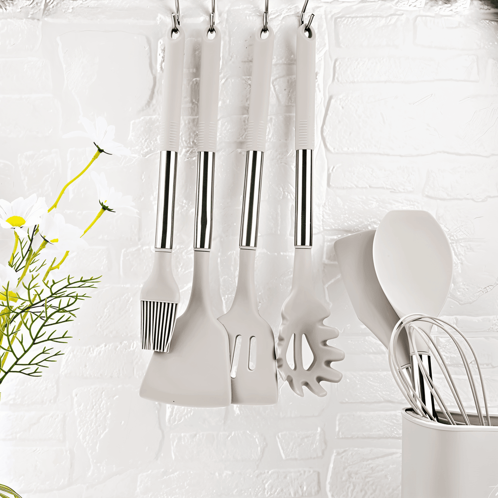 12-Piece Silicone Kitchen Utensil Set with Stainless Steel Handles & Holder for Cooking, Baking & Serving