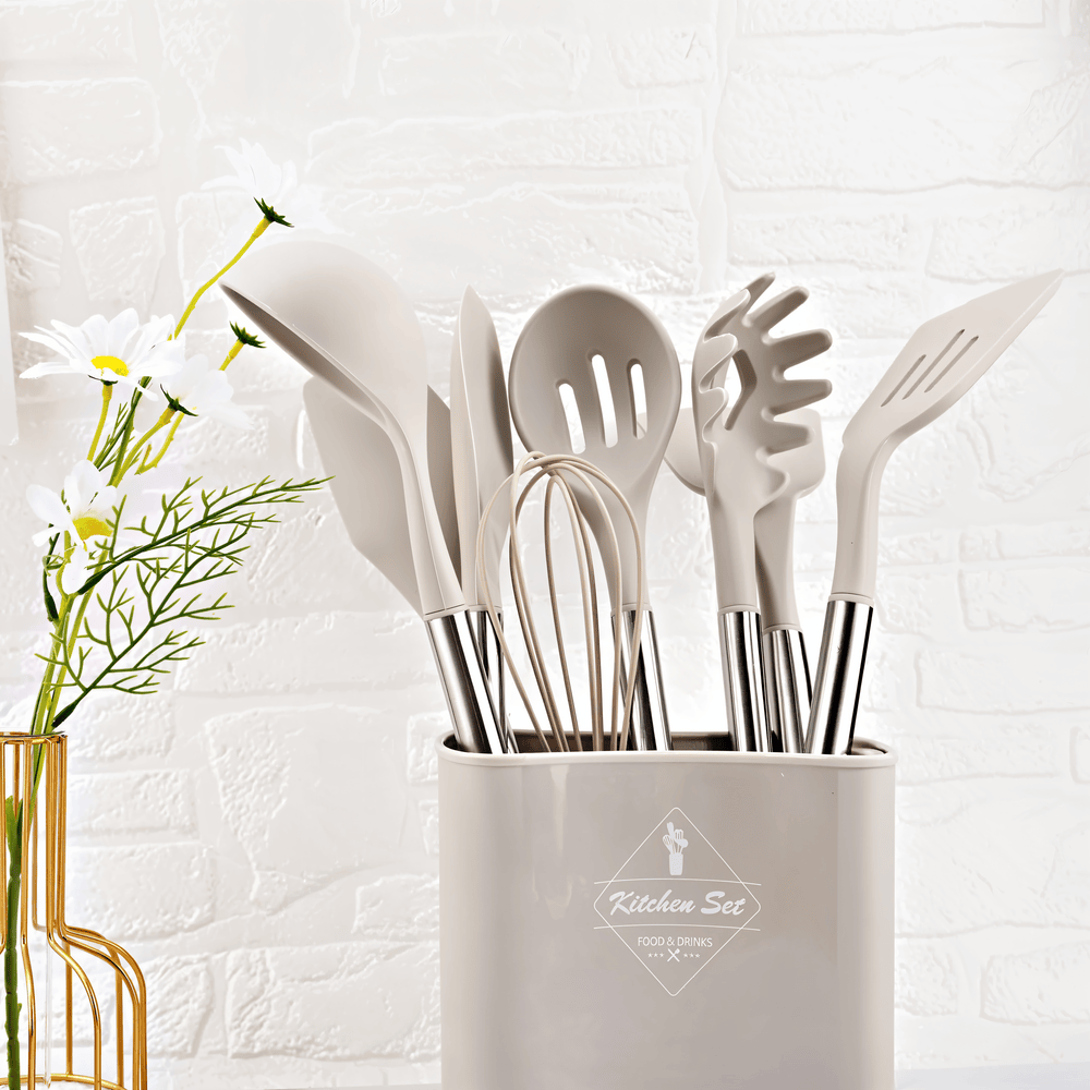 12-Piece Silicone Kitchen Utensil Set with Stainless Steel Handles & Holder for Cooking, Baking & Serving