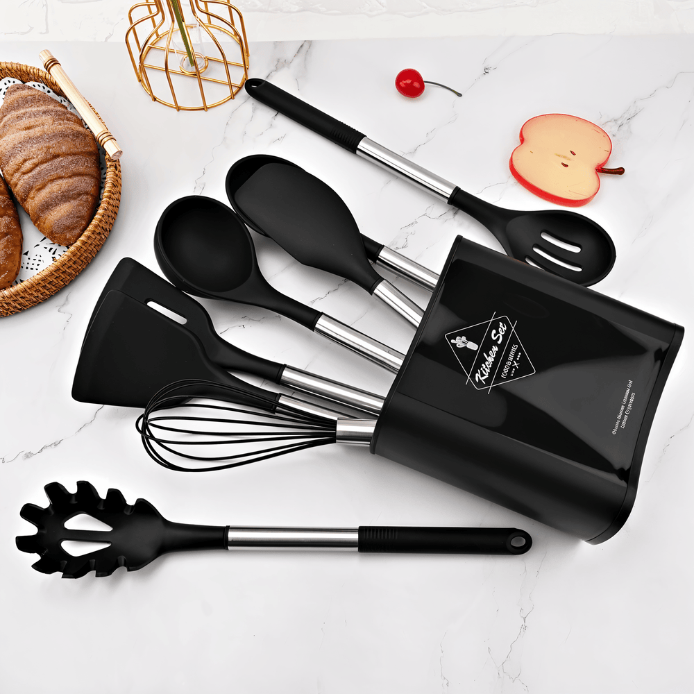 12-Piece Silicone Kitchen Utensil Set with Stainless Steel Handles & Holder for Cooking, Baking & Serving