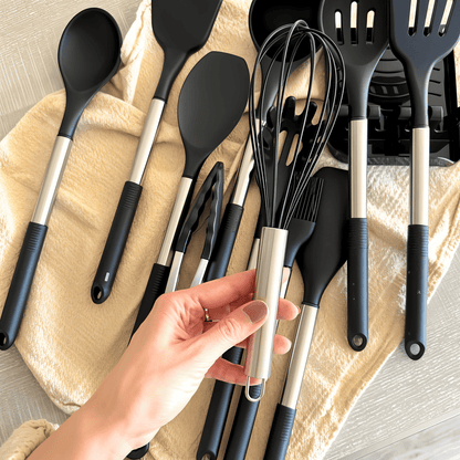 12-Piece Silicone Kitchen Utensil Set with Stainless Steel Handles & Holder for Cooking, Baking & Serving