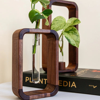 Glass Tube Plant Rooting Station Wood Stand for Cuttings & Propagation | Desktop Hydroponic Vase Holder for Home Office Kitchen | Tabletop I