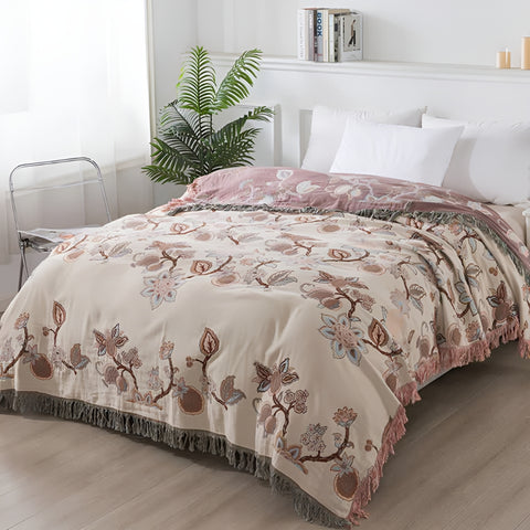 Orion Floral Bed Blanket - Cotton, Jacquard Design with Tassel Trim