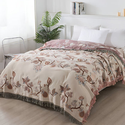Orion Floral Bed Blanket - Cotton, Jacquard Design with Tassel Trim