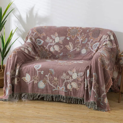 Orion Floral Bed Blanket - Cotton, Jacquard Design with Tassel Trim
