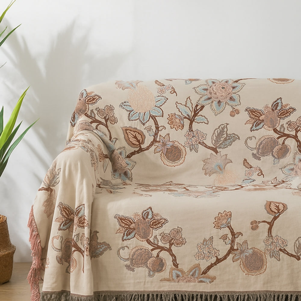 Orion Floral Bed Blanket - Cotton, Jacquard Design with Tassel Trim