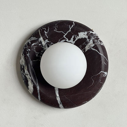 Round Glass Wall Sconce with Curved Marble Backplate for Living Room, Bedroom & Hallway – Hardwired Modern Indoor Light Fixture