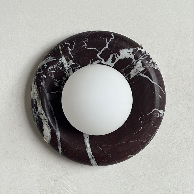 Round Glass Sconce with Natural Stone Backplate – 8-Inch Contemporary Fixture for Entryways, Bedrooms & Corridors