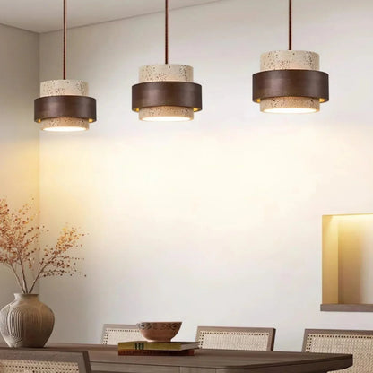 Natural Stone Hanging Fixture with Walnut Accent & Adjustable 59-Inch Cord for Dining Table, Kitchen Counter & Modern Living Spaces