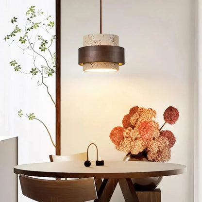 Natural Stone Hanging Fixture with Walnut Accent & Adjustable 59-Inch Cord for Dining Table, Kitchen Counter & Modern Living Spaces