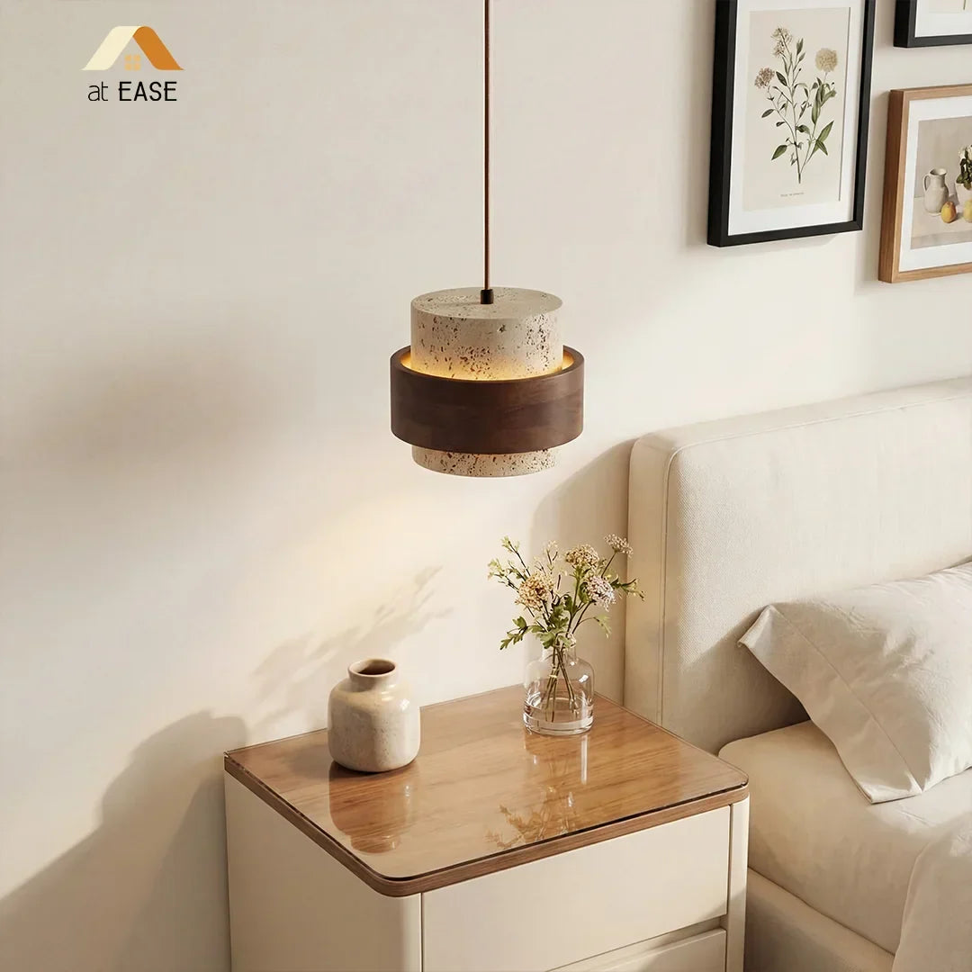 Natural Stone Hanging Fixture with Walnut Accent & Adjustable 59-Inch Cord for Dining Table, Kitchen Counter & Modern Living Spaces