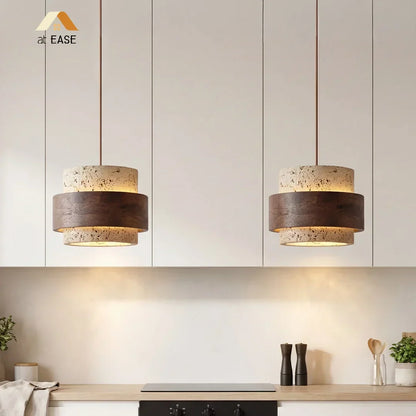 Natural Stone Hanging Fixture with Walnut Accent & Adjustable 59-Inch Cord for Dining Table, Kitchen Counter & Modern Living Spaces