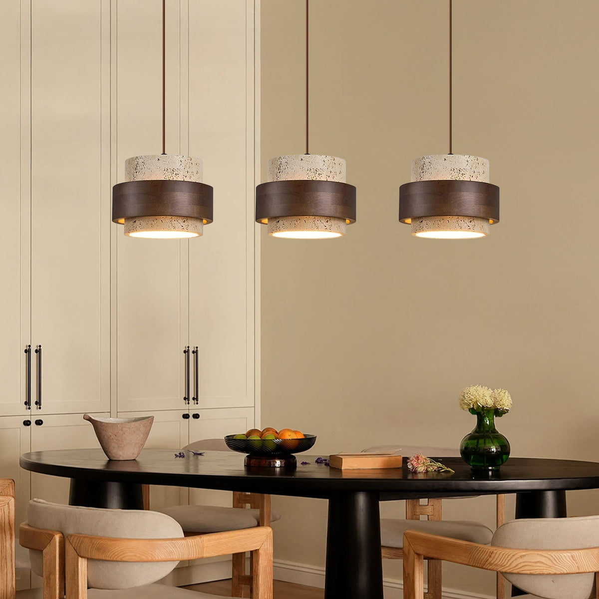 Natural Stone Hanging Fixture with Walnut Accent & Adjustable 59-Inch Cord for Dining Table, Kitchen Counter & Modern Living Spaces