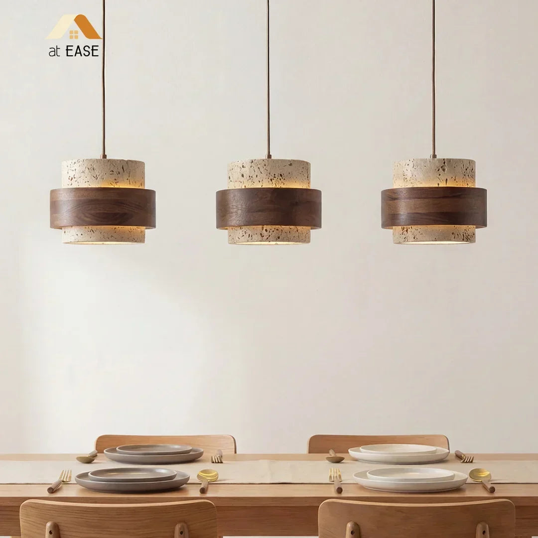 Natural Stone Hanging Fixture with Walnut Accent & Adjustable 59-Inch Cord for Dining Table, Kitchen Counter & Modern Living Spaces
