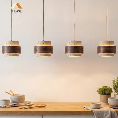 Natural Stone Hanging Fixture with Walnut Accent & Adjustable 59-Inch Cord for Dining Table, Kitchen Counter & Modern Living Spaces