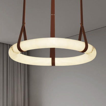 LED Ring Ceiling Fixture in Alabaster Stone – Adjustable Halo Chandelier for Open Dining Areas, Great Rooms & Hospitality – 47 in Circle Sus