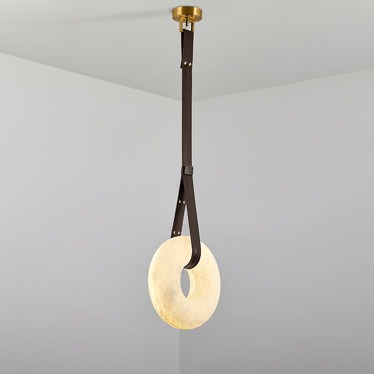 LED Ring Ceiling Fixture in Alabaster Stone – Adjustable Halo Chandelier for Open Dining Areas, Great Rooms & Hospitality – 47 in Circle Sus