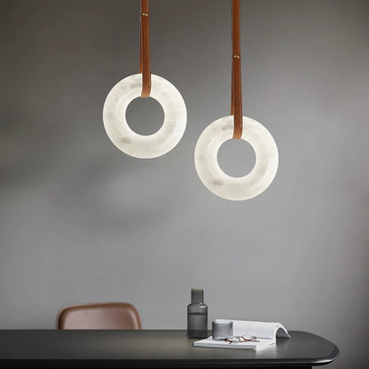 LED Ring Ceiling Fixture in Alabaster Stone – Adjustable Halo Chandelier for Open Dining Areas, Great Rooms & Hospitality – 47 in Circle Sus