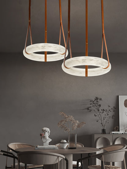 LED Ring Ceiling Fixture in Alabaster Stone – Adjustable Halo Chandelier for Open Dining Areas, Great Rooms & Hospitality – 47 in Circle Sus