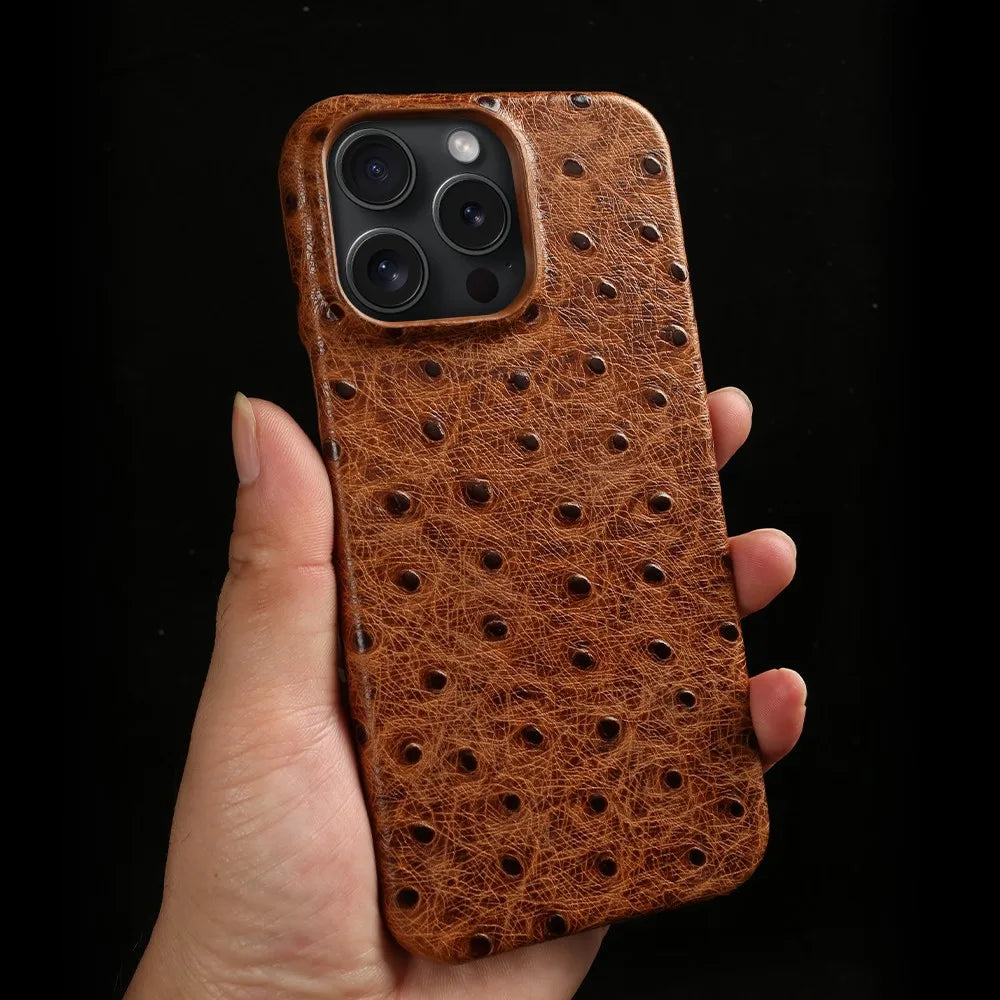 Genuine Ostrich Leather iPhone Case for 14/15/16/17 Series – Shock-Absorbing with Soft Lining & Raised Edges