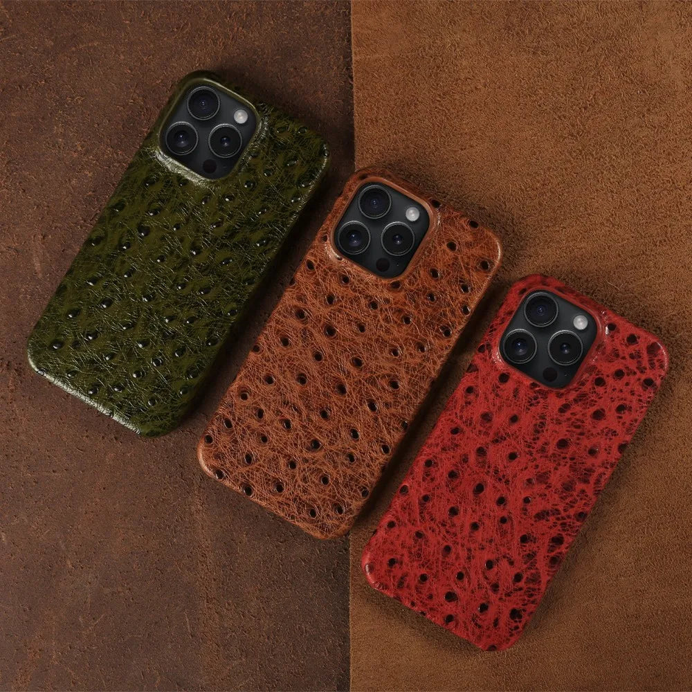 Genuine Ostrich Leather iPhone Case for 14/15/16/17 Series – Shock-Absorbing with Soft Lining & Raised Edges
