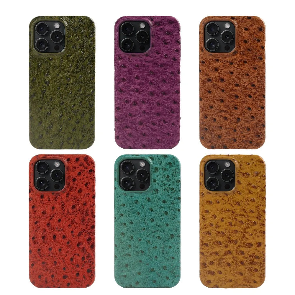 Genuine Ostrich Leather iPhone Case for 14/15/16/17 Series – Shock-Absorbing with Soft Lining & Raised Edges