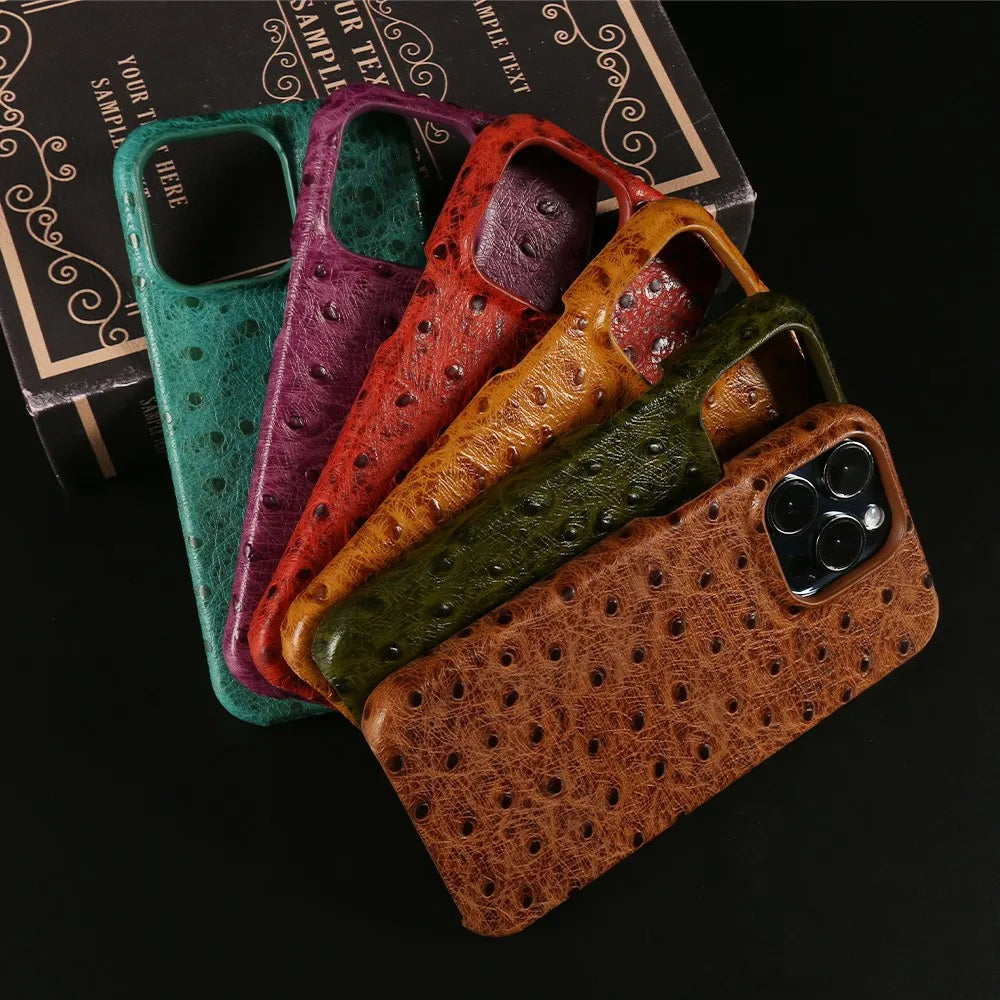 Genuine Ostrich Leather iPhone Case for 14/15/16/17 Series – Shock-Absorbing with Soft Lining & Raised Edges