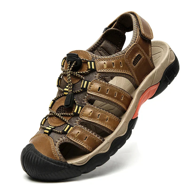 Sandales pour hommes, sandales en cuir véritable avec bride élastique, sandales de randonnée confortables pour la marche et l'été