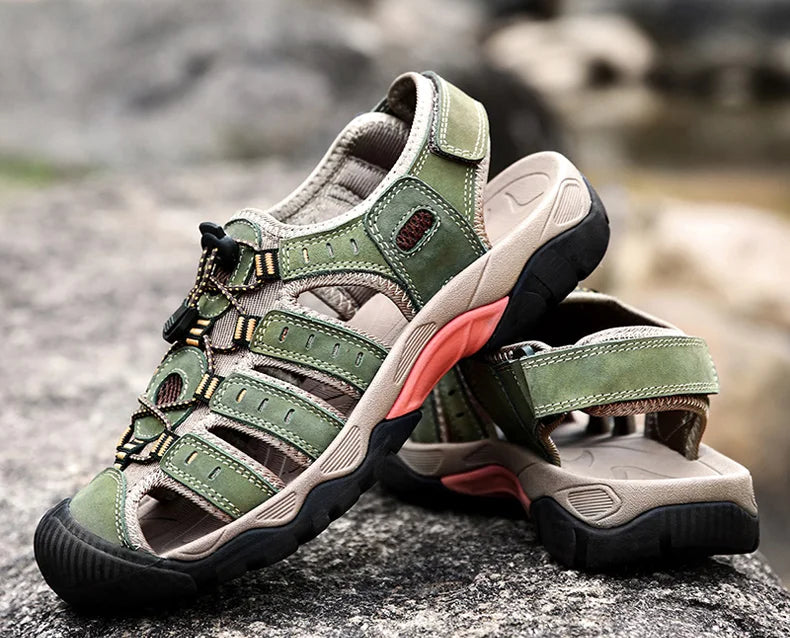 Sandales pour hommes, sandales en cuir véritable avec bride élastique, sandales de randonnée confortables pour la marche et l'été