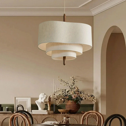 Layered Fabric Ceiling Light 23 in Beige with Wood Accent for Dining Room | Natural Texture Drop Lamp E27 Socket Adjustable Cord Height | Wa