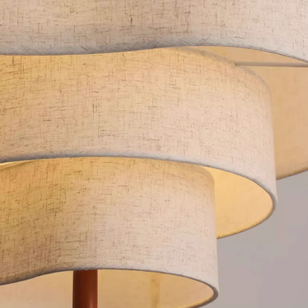 Layered Fabric Ceiling Light 23 in Beige with Wood Accent for Dining Room | Natural Texture Drop Lamp E27 Socket Adjustable Cord Height | Wa