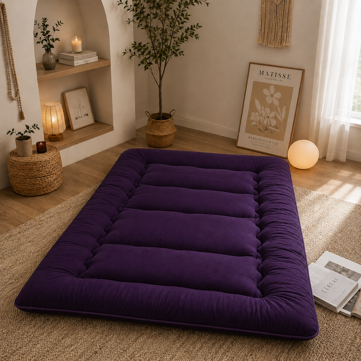Japanese Floor Bed, 4 Inch Thick Futon Mattress, Foldable Tatami Sleeping Pad, Roll Up Floor Bed for Adults & Kids