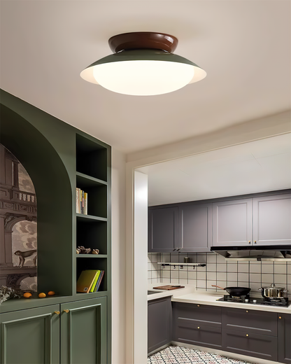 Flush-Mount LED Dome Light 10-Inch Metal Fixture Green Brown for Kitchen Bathroom Covered Patio Hallway Entryway Low-Profile Warm Glow 3000K