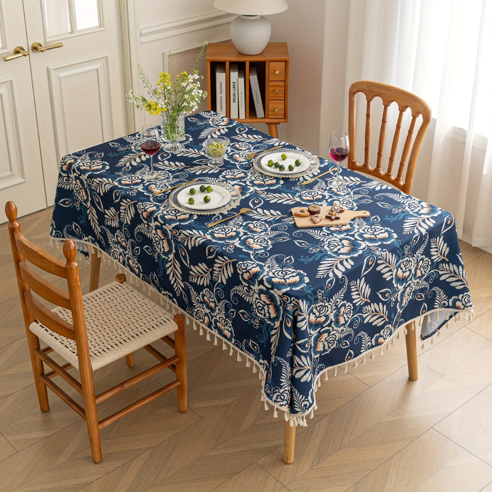 Pavo Floral Tablecloth - Microfiber Polyester, Tassel Trimmed