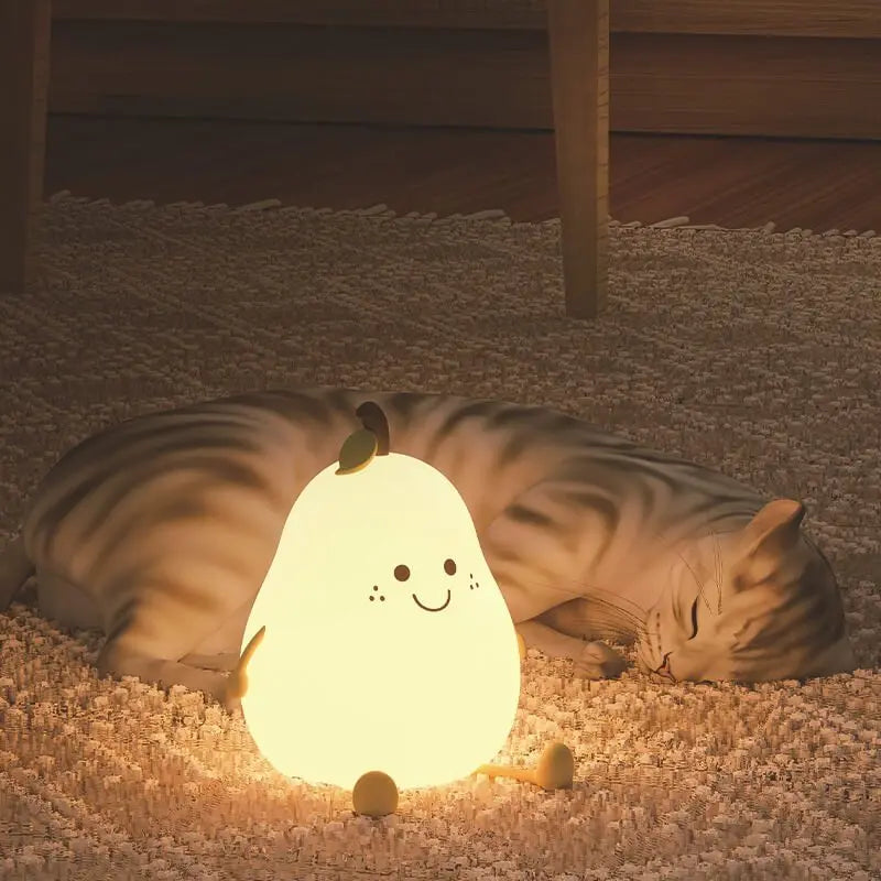 Squishy Pear Night Light for Kids, Rechargeable LED Touch Lamp with 7 Color Modes, Soft Silicone Nursery Nightlight for Children's Bedroom