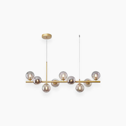 Globe Pendant Light 7-Bulb Island Chandelier Gold Metal Frame Clear Amber Smoky Glass Spheres Linear Hanging Fixture Kitchen Dining Room Tab