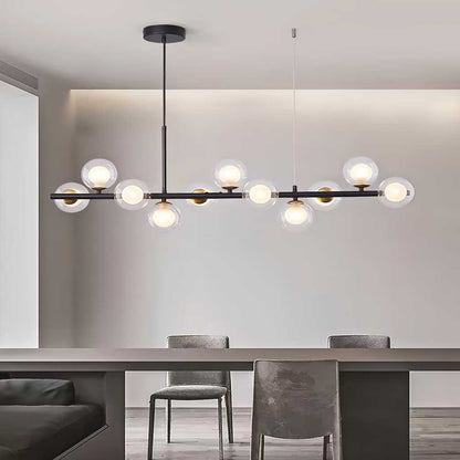 Globe Pendant Light 7-Bulb Island Chandelier Gold Metal Frame Clear Amber Smoky Glass Spheres Linear Hanging Fixture Kitchen Dining Room Tab