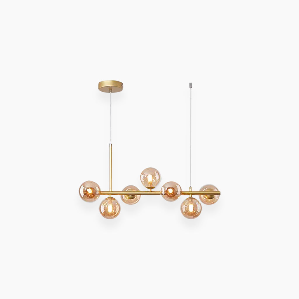 Globe Pendant Light 7-Bulb Island Chandelier Gold Metal Frame Clear Amber Smoky Glass Spheres Linear Hanging Fixture Kitchen Dining Room Tab