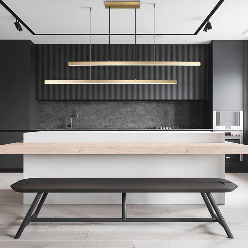 Linear LED Ceiling Fixture Brass Finish Adjustable Height Dimmable Remote Control for Kitchen Island Dining Room Table Modern Hanging Light