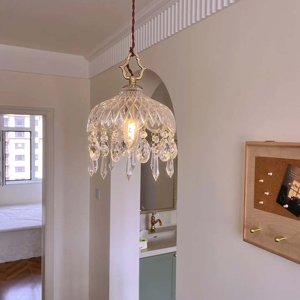 Hanging Ceiling Fixture with Textured Crystal Shade & Brass Frame for Kitchen Island, Entryway, Bedroom – Sculptural Vintage-Inspired Overhe