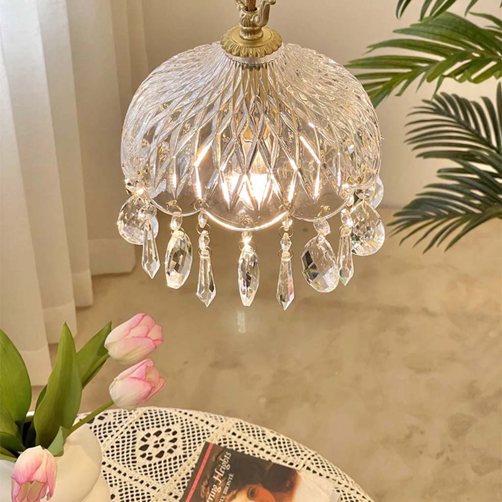 Hanging Ceiling Fixture with Textured Crystal Shade & Brass Frame for Kitchen Island, Entryway, Bedroom – Sculptural Vintage-Inspired Overhe