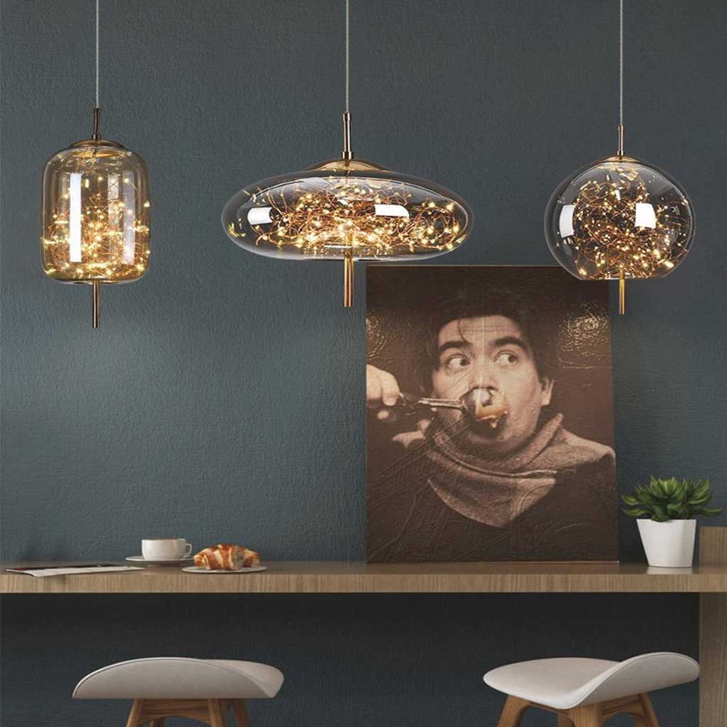 Glass Hanging Light Fixture with Adjustable Temperature Control for Dining Room Kitchen Bedroom | Nordic Style Ceiling Drop Lamp with Star P