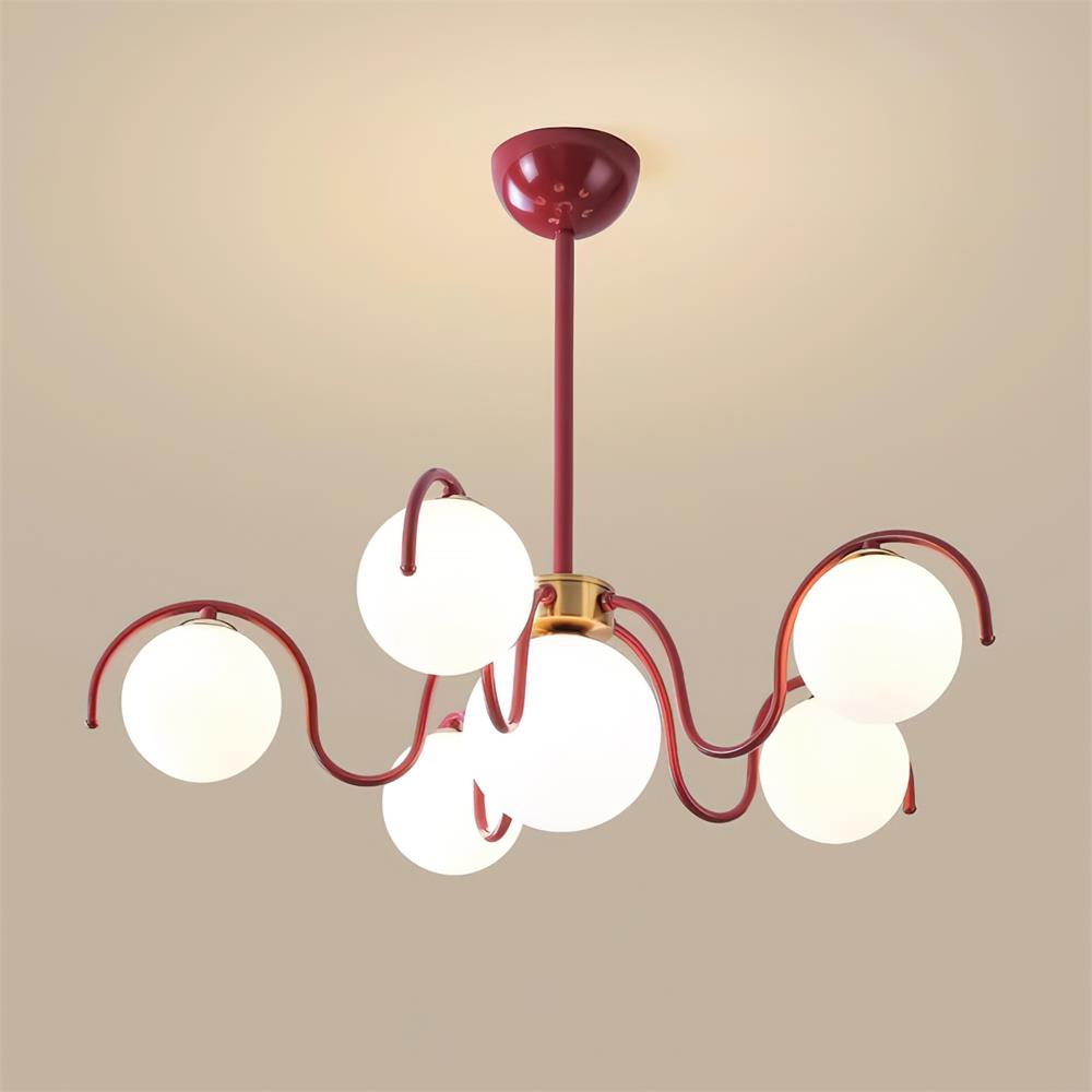 Multi-Arm Glass Globe Ceiling Light 30 Inch Spread Red Metal Kitchen Island Chandelier for Dining Table Modern Branch Fixture Indoor Hanging