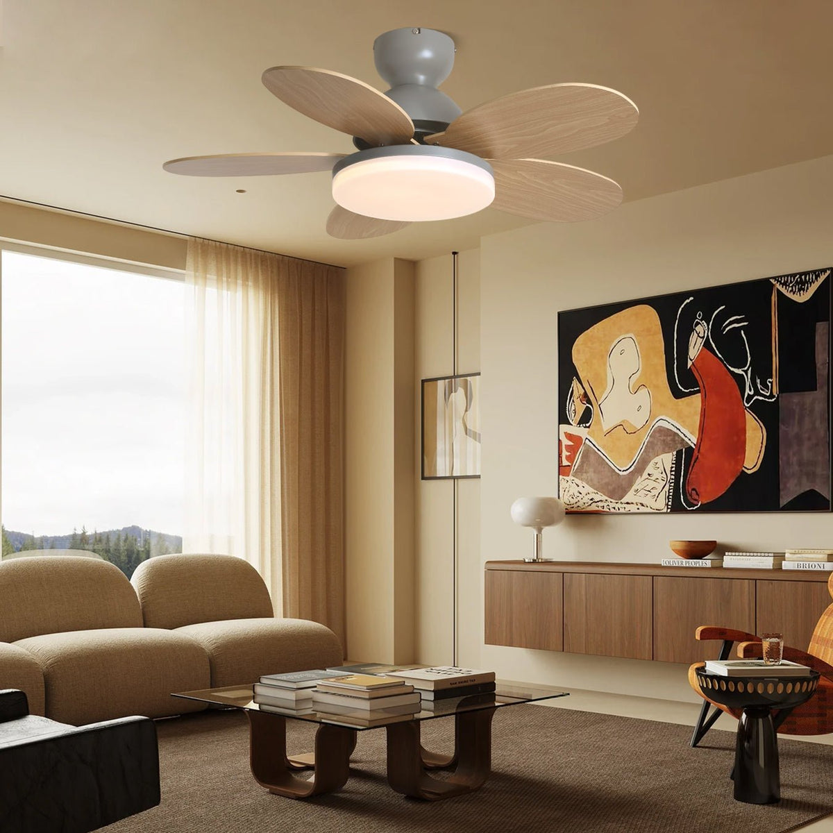Indoor Ceiling Fan with LED Light 35 in Wood Blade Curved Design 6-Speed Remote Control DC Motor for Living Room Bedroom Dining Room Grey Gr