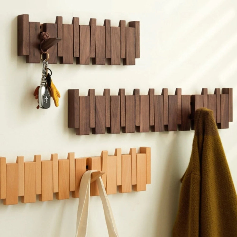 Piano Wall Mounted Coat Rack - Foldable Wooden Hooks, Space-Saving Design