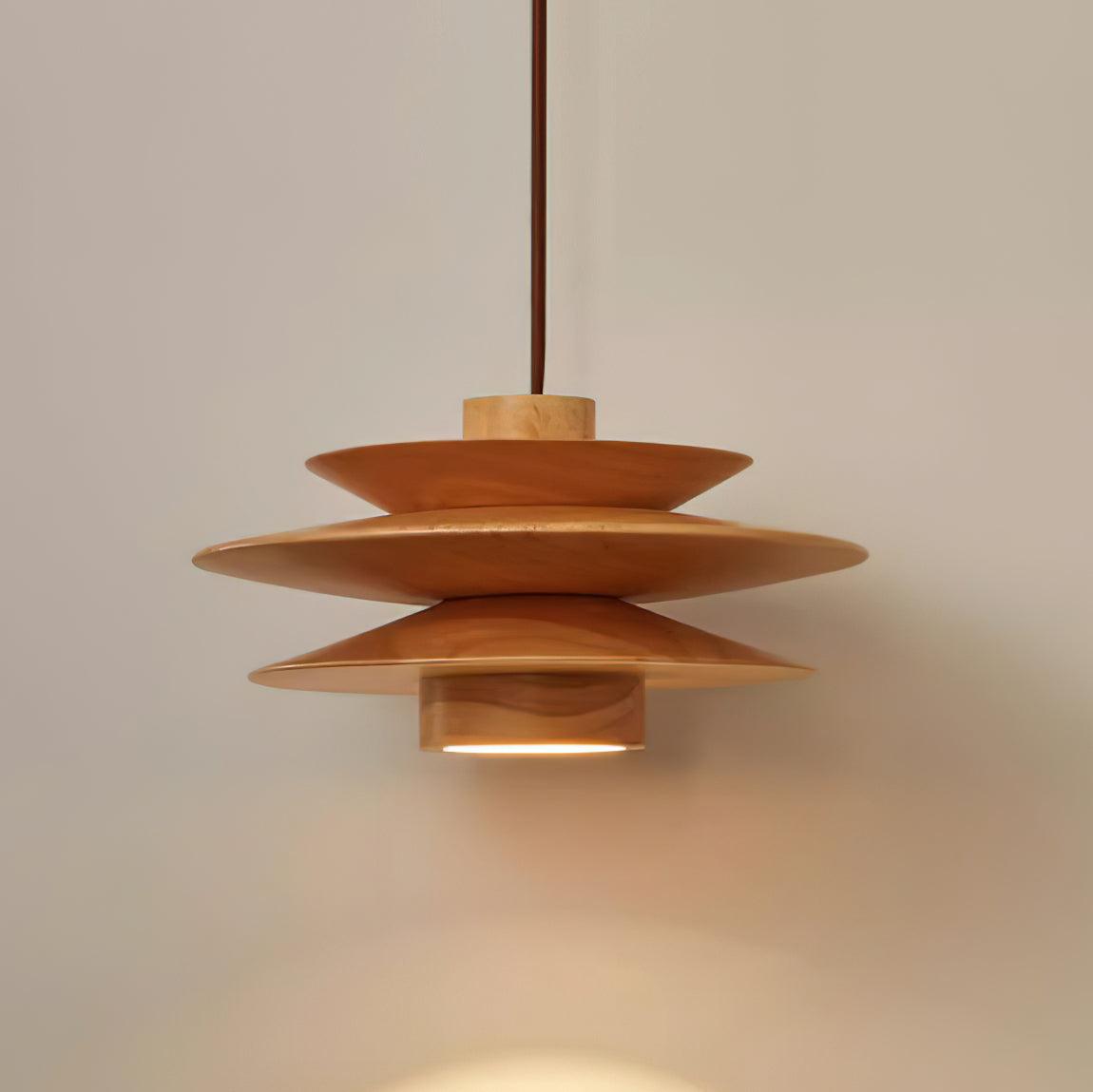 Layered Wood Ceiling Fixture 12 Inch Round Adjustable Height GU10 Socket Dimmable Hanging Lamp for Kitchen Island Table Overhead Lighting Co