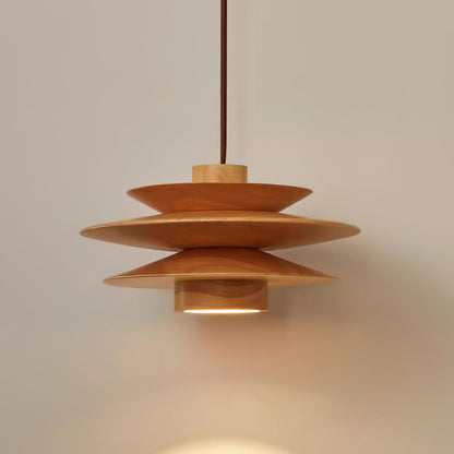 Layered Wood Ceiling Fixture 12 Inch Round Adjustable Height GU10 Socket Dimmable Hanging Lamp for Kitchen Island Table Overhead Lighting Co