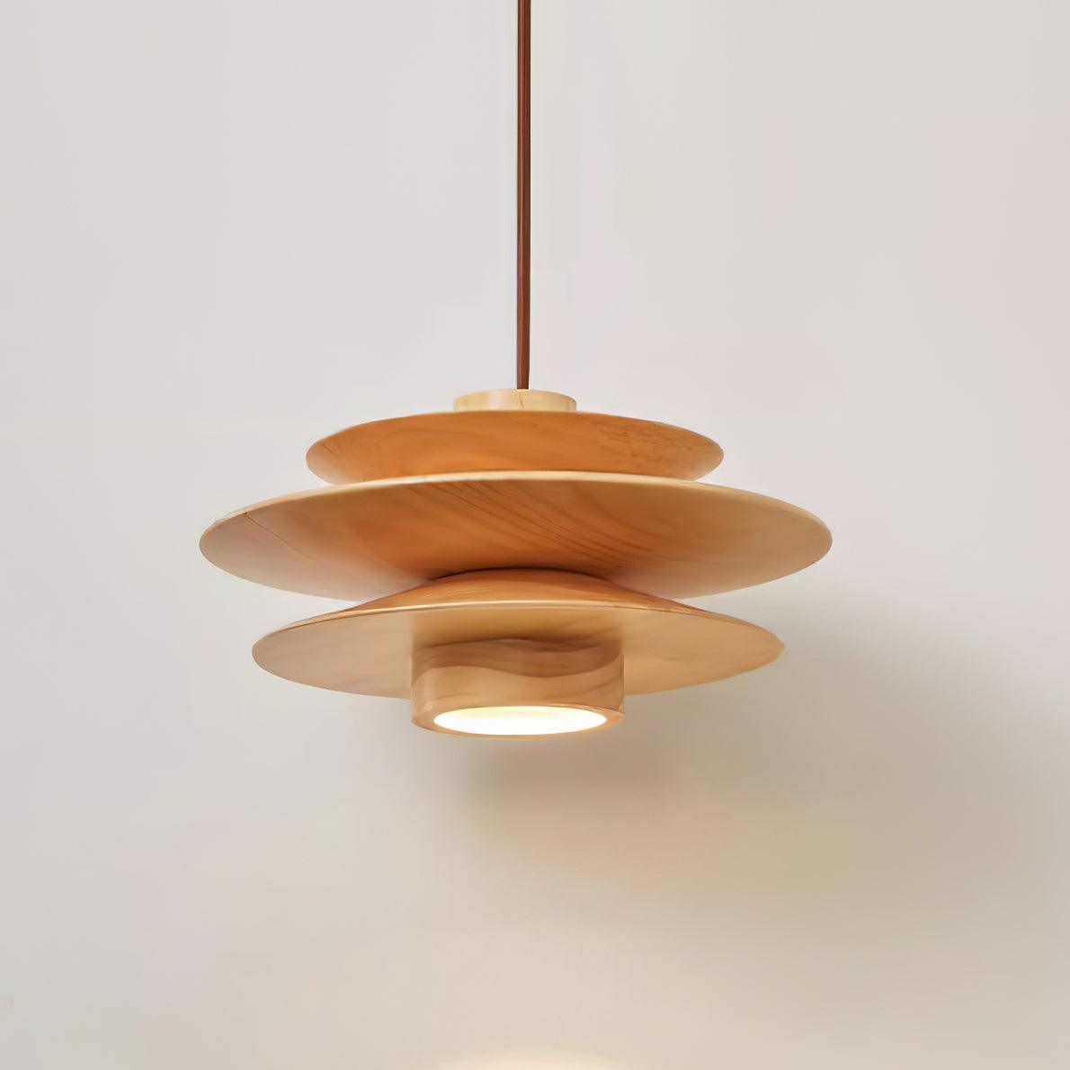 Layered Wood Ceiling Fixture 12 Inch Round Adjustable Height GU10 Socket Dimmable Hanging Lamp for Kitchen Island Table Overhead Lighting Co