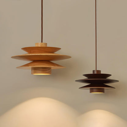 Layered Wood Ceiling Fixture 12 Inch Round Adjustable Height GU10 Socket Dimmable Hanging Lamp for Kitchen Island Table Overhead Lighting Co