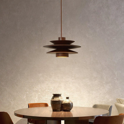 Layered Wood Ceiling Fixture 12 Inch Round Adjustable Height GU10 Socket Dimmable Hanging Lamp for Kitchen Island Table Overhead Lighting Co