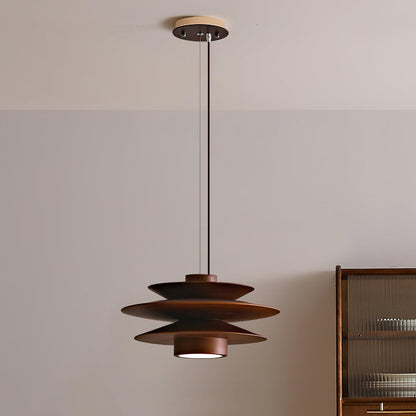 Layered Wood Ceiling Fixture 12 Inch Round Adjustable Height GU10 Socket Dimmable Hanging Lamp for Kitchen Island Table Overhead Lighting Co